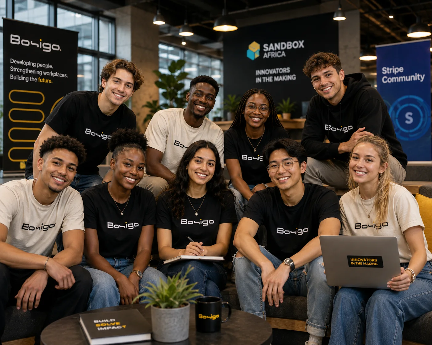 Bosigo team members gathered in a professional innovation workspace