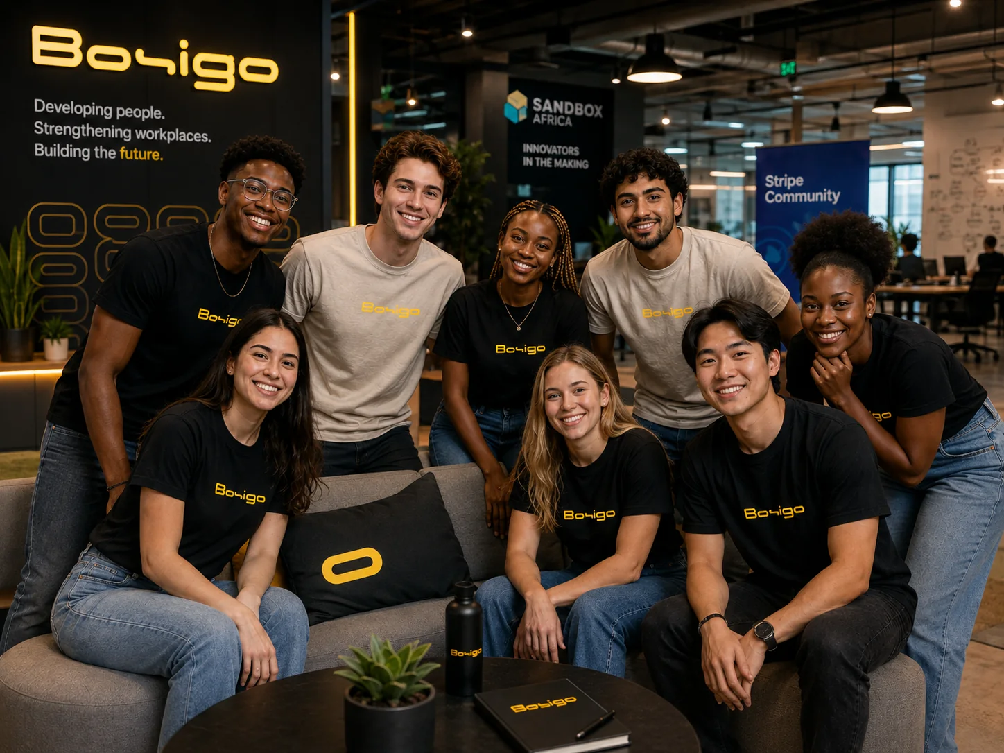 Illustrative Bosigo Innovation Hub community in a professional innovation workspace
